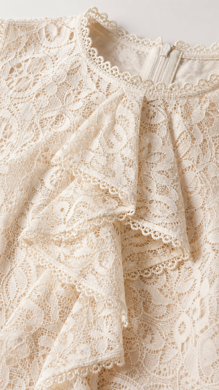 Close-up detail of cream lace fabric and ruffle collar