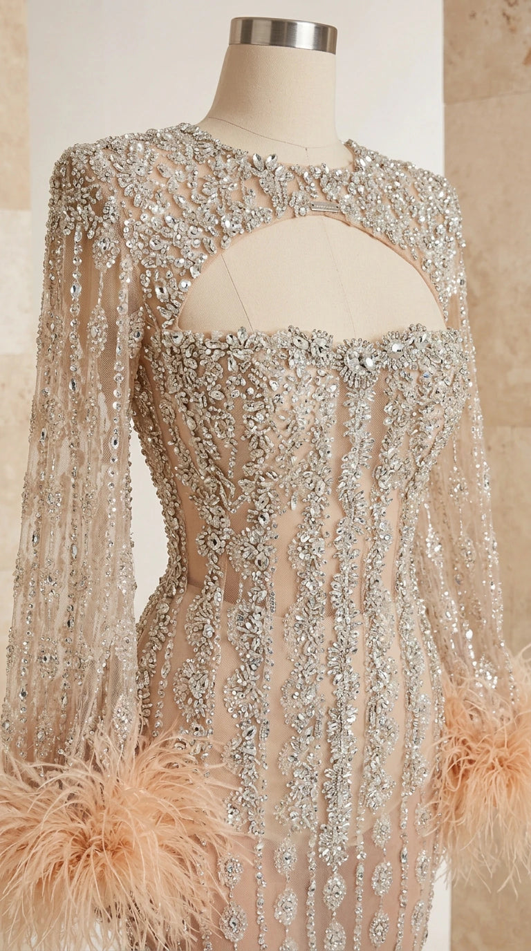 Close-up of champagne beaded bodice with keyhole cutout and feather cuff sleeve