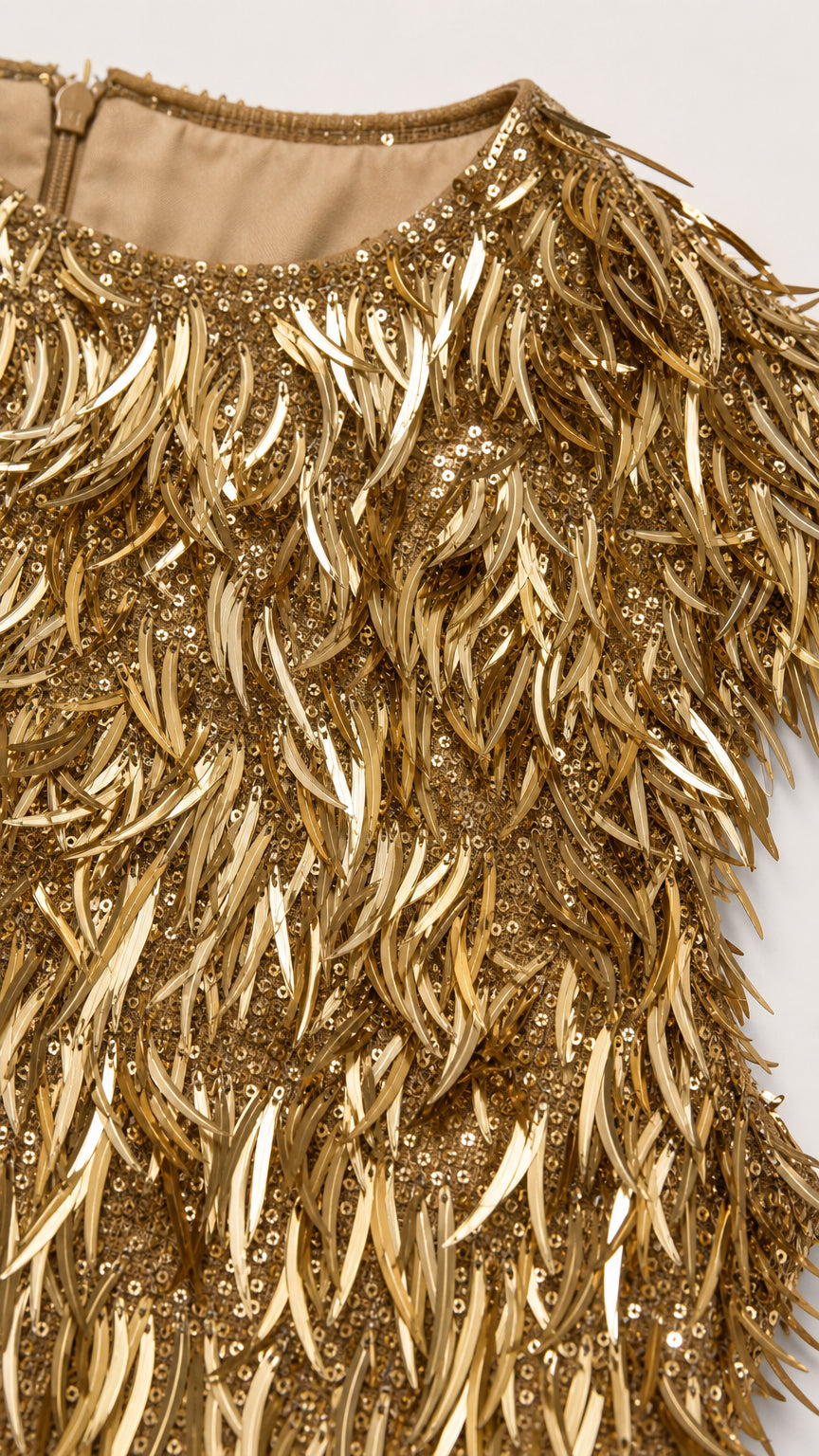 Close-up detail of gold metallic fringe and sequin fabric texture with neckline finish