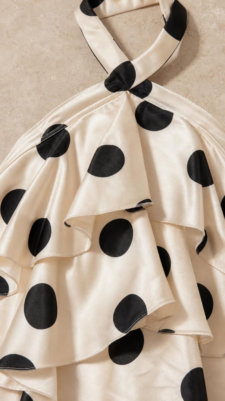 Close-up detail of halter neckline and ruffles