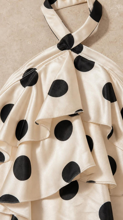 Close-up detail of halter neckline and ruffles