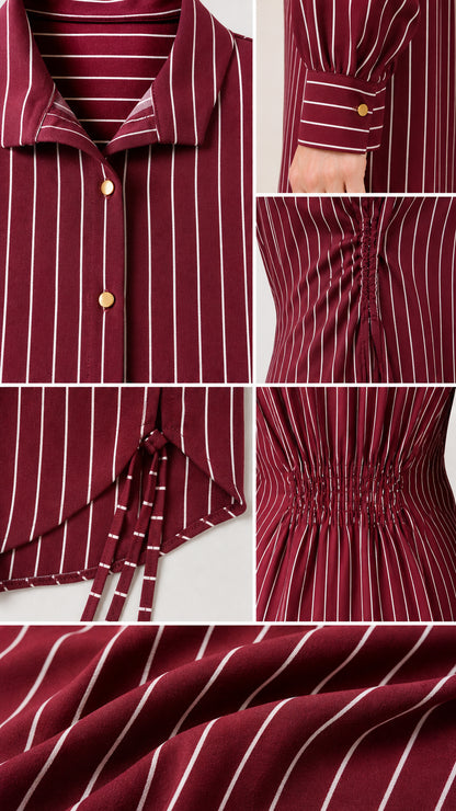 Detailed close-ups of collar, buttons, cuffs, smocking, and side ties on burgundy shirt dress