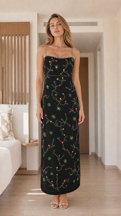 Front view of black floral embroidered maxi dress
