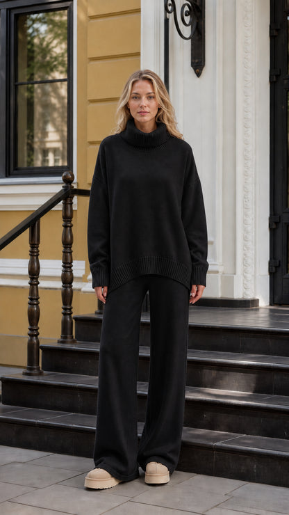 Model wearing black oversized turtleneck sweater and matching lounge pants