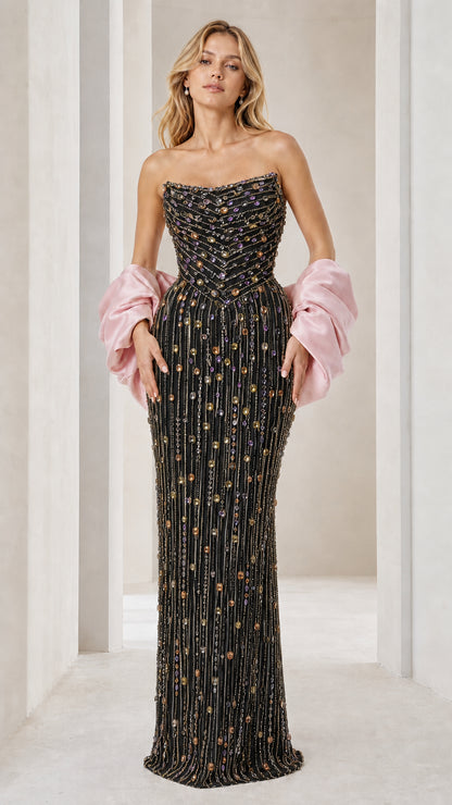 Front view of black beaded evening gown