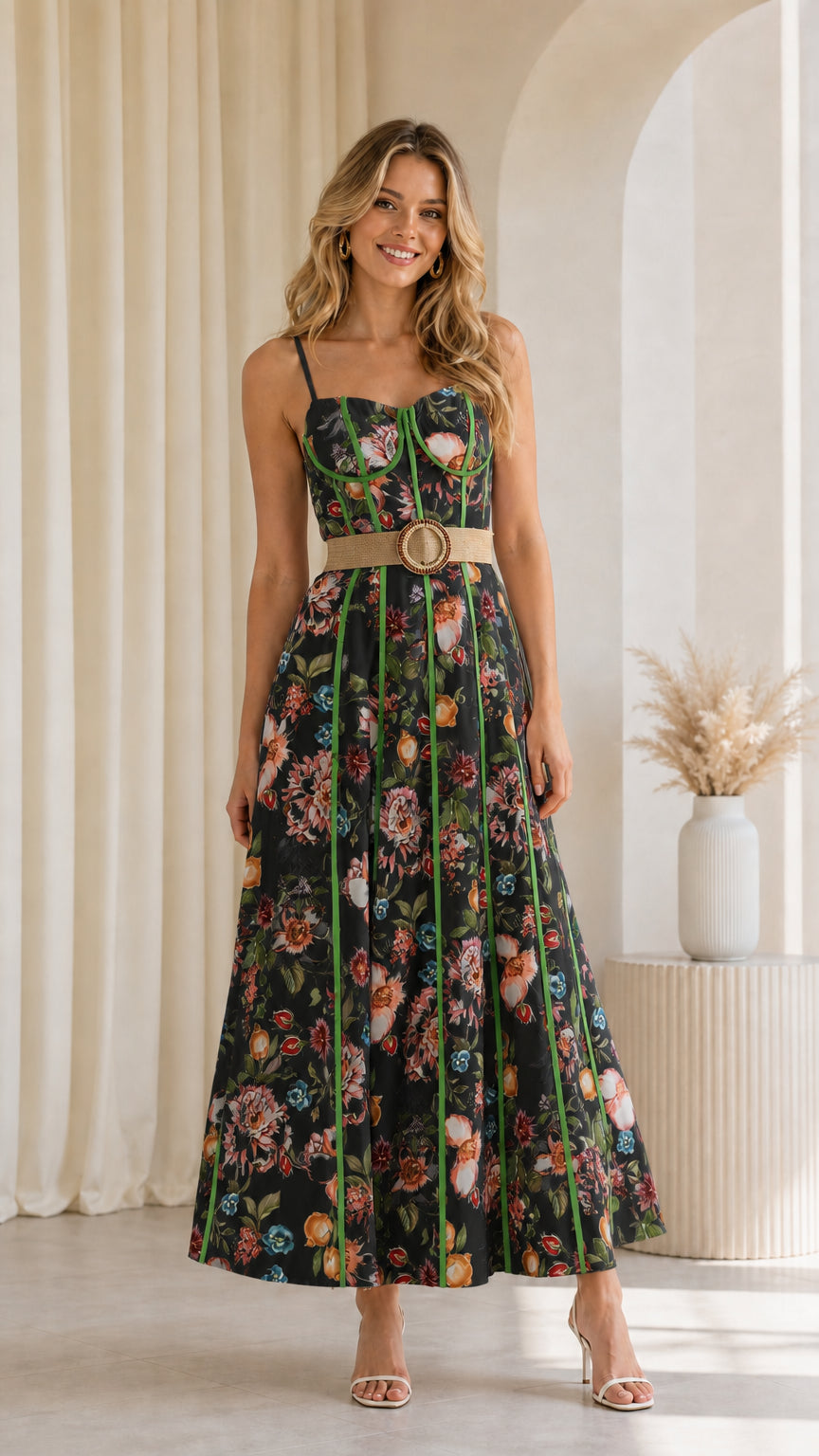 Model wearing black floral corset maxi dress