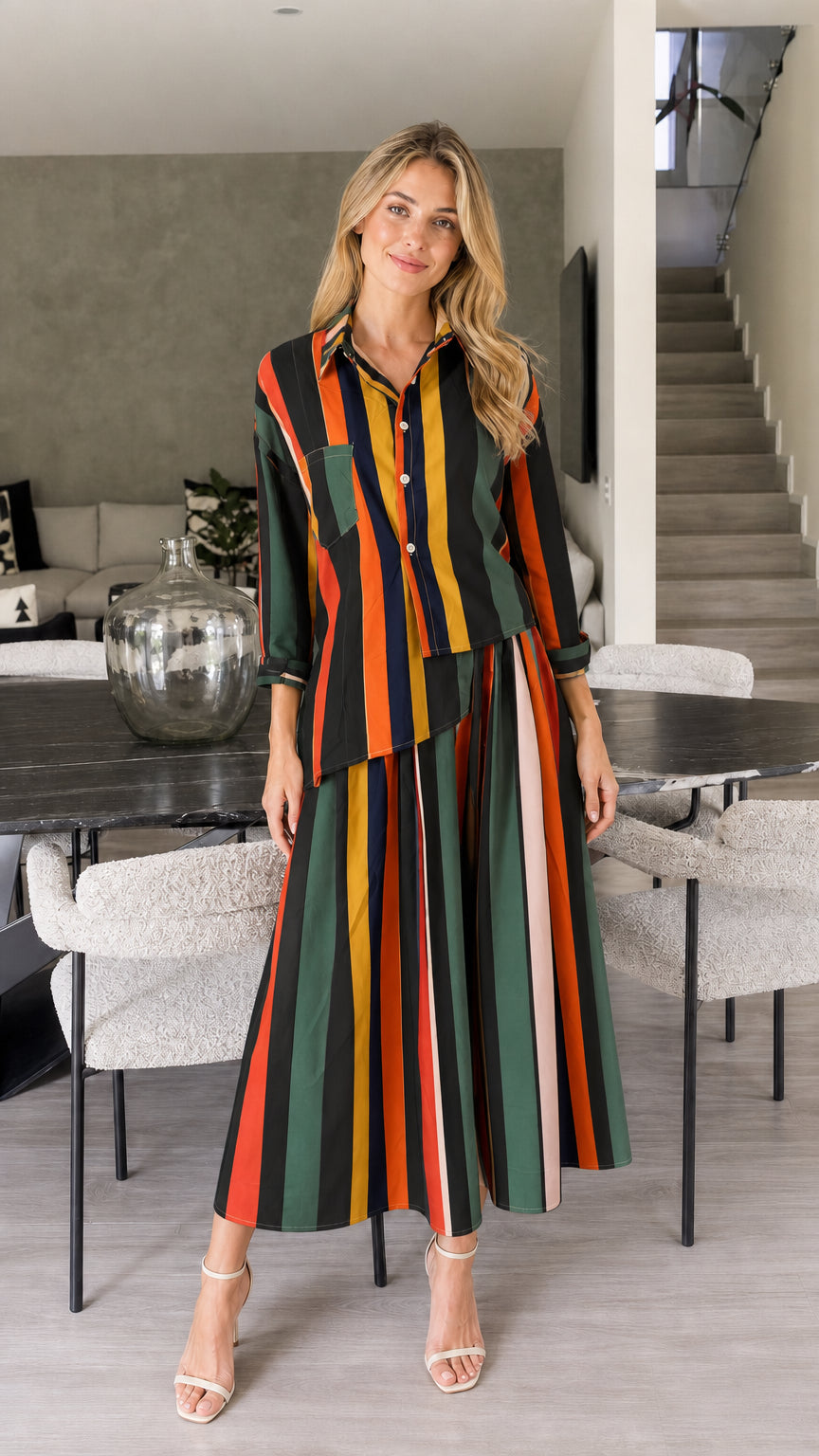 Model wearing dark green stripe two-piece set