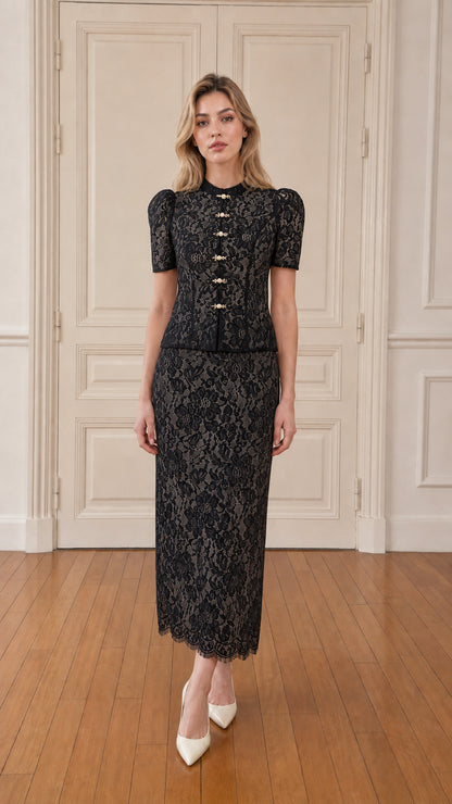 Model wearing black lace two-piece set
