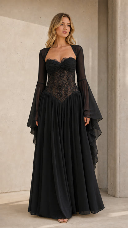 Front view of model wearing black lace corset bell sleeve formal maxi dress