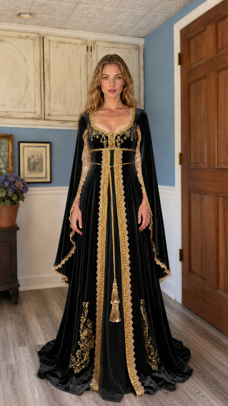 Front view of the black Renaissance velvet medieval gown