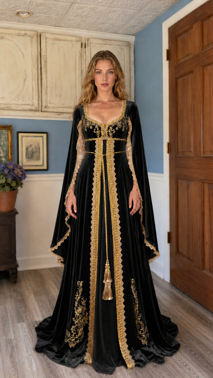 Front view of the black Renaissance velvet medieval gown