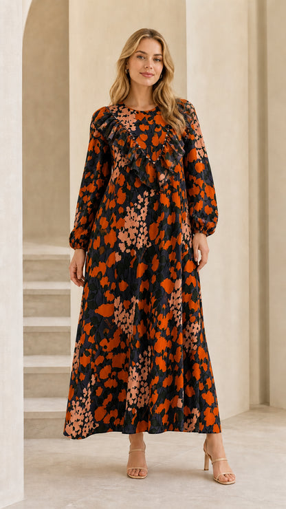 Full front view of model wearing black floral long sleeve maxi dress