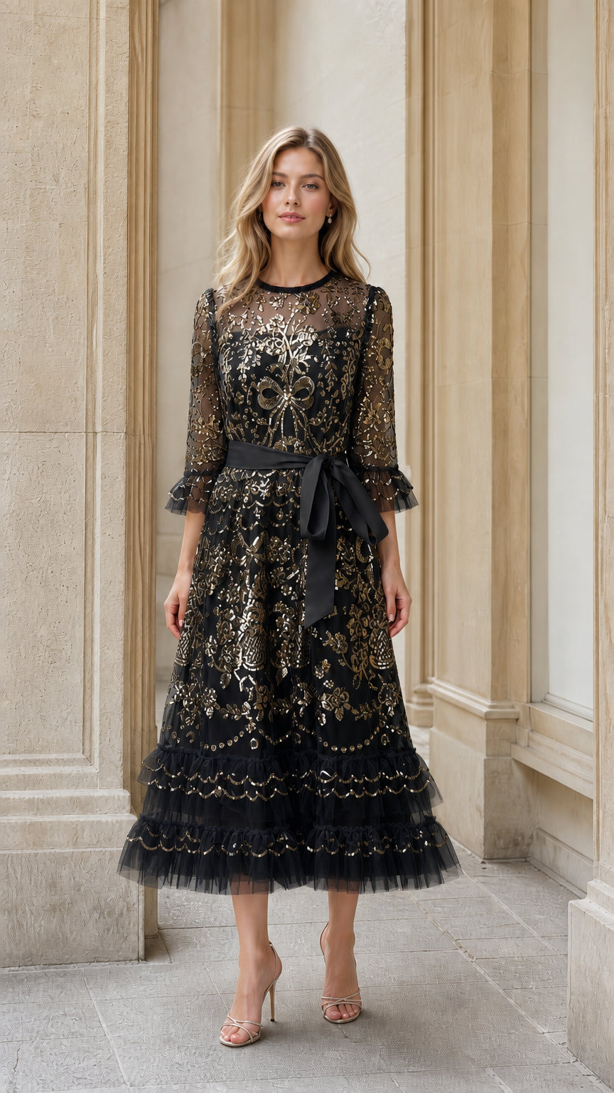 Front view of black sequin embroidered tulle midi dress