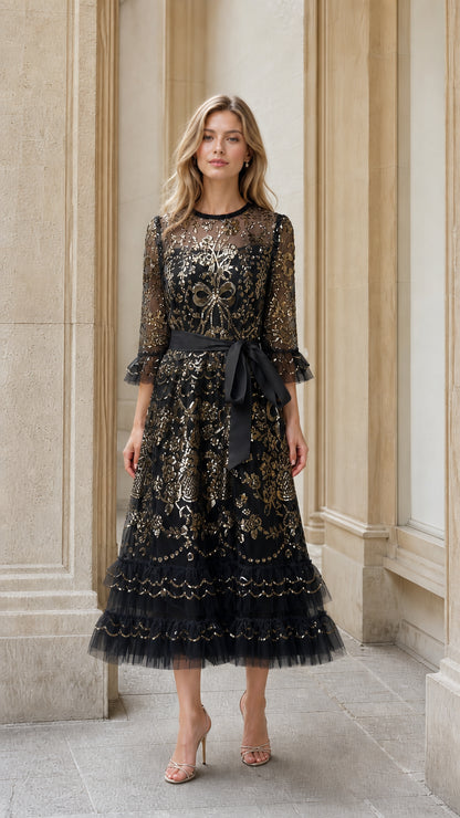 Front view of black sequin embroidered tulle midi dress