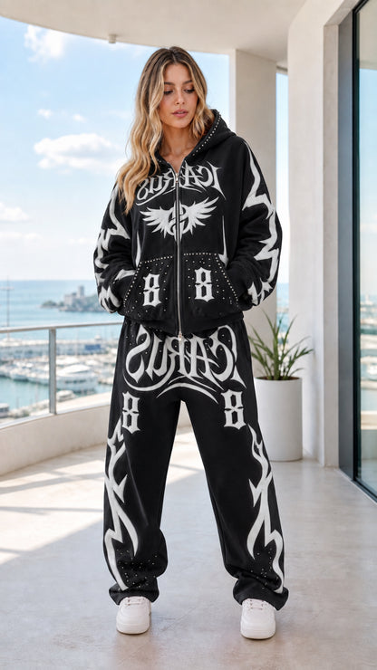 Full body front view of black Y2K graphic zip-up hoodie and sweatpants set