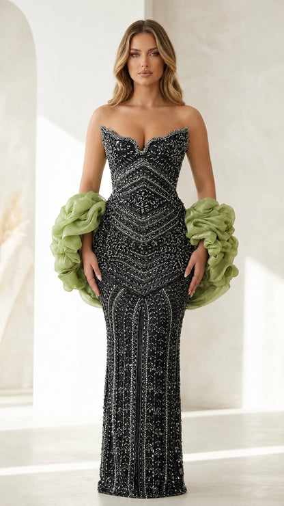 Front view of black beaded evening gown
