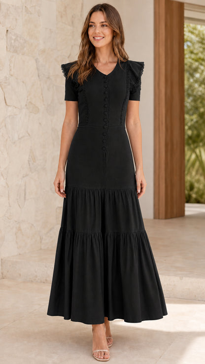 Full length view of model wearing Black tiered maxi dress