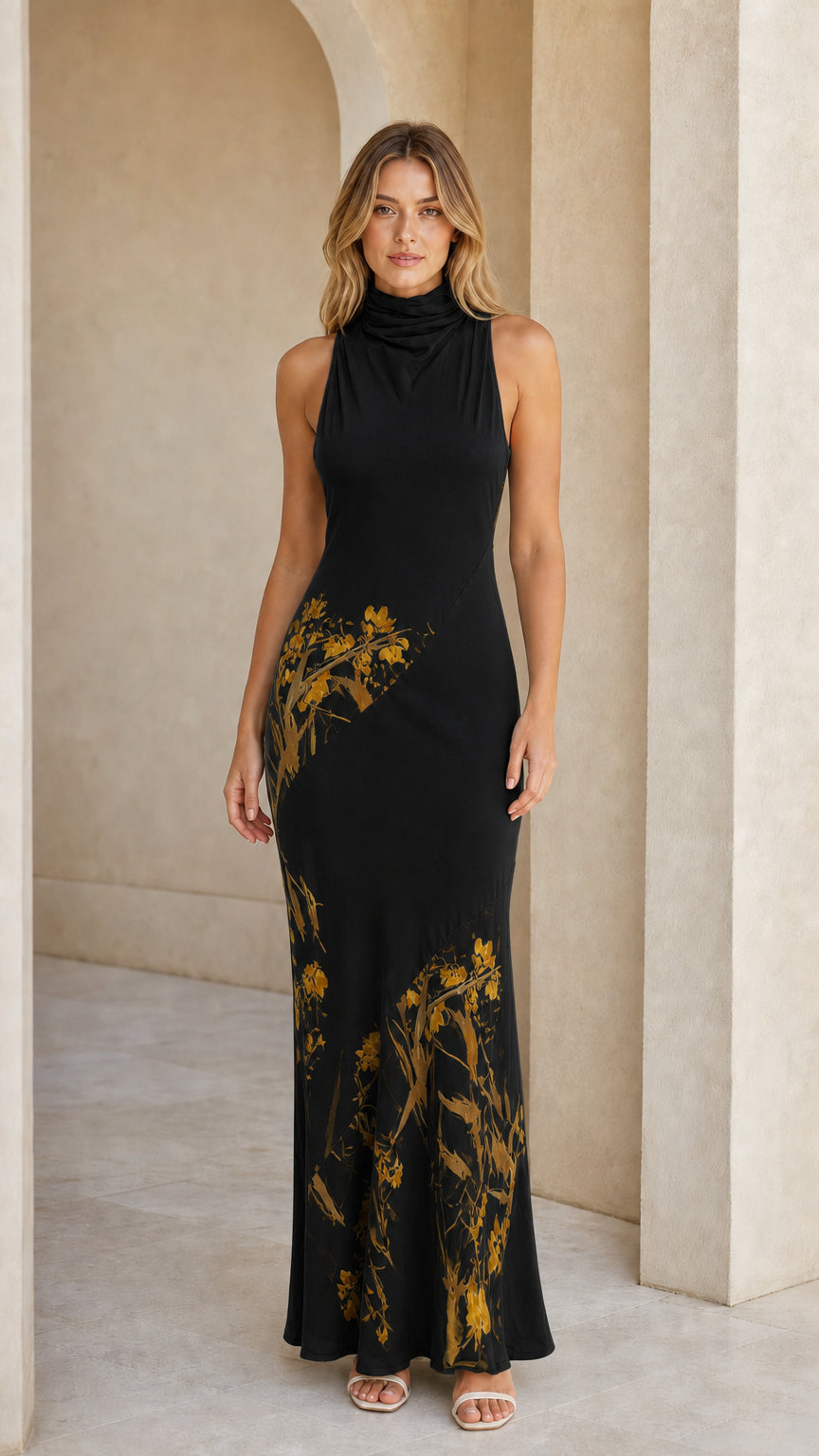 Front view of Black floral print maxi dress
