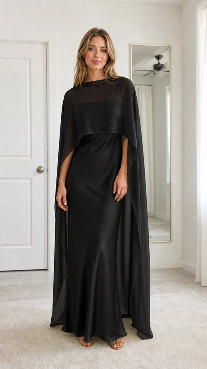 Front full view of woman wearing Black chiffon cape satin maxi gown