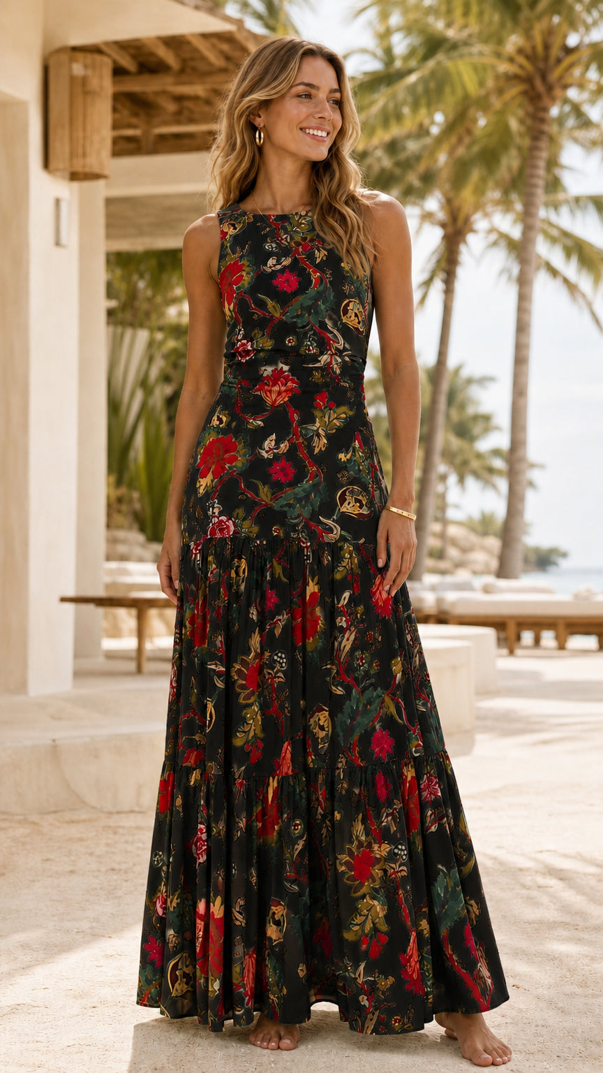 Front view of black floral maxi dress variant