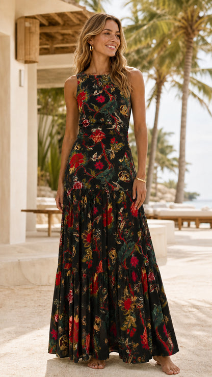 Front view of black floral maxi dress variant