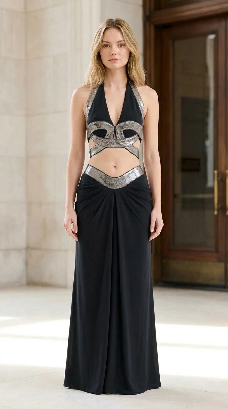 Model wearing black halter two-piece maxi dress