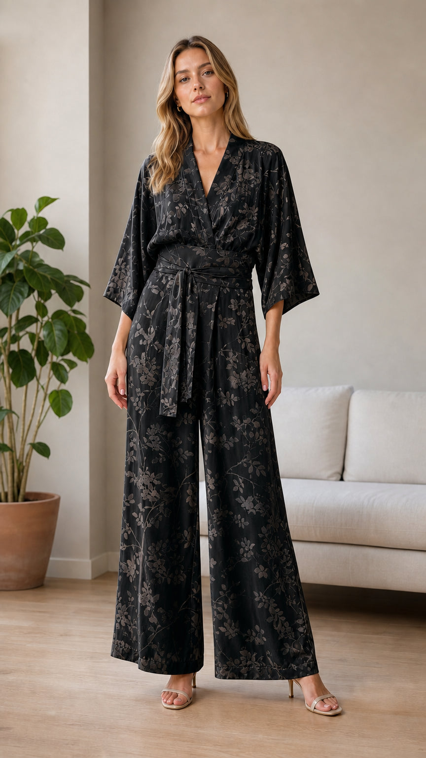 Black satin wrap jumpsuit front view