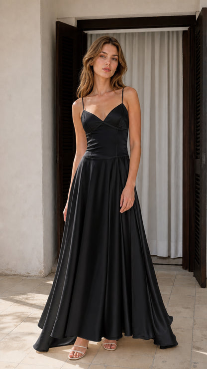 Front view of Black satin spaghetti strap corset A-line formal gown