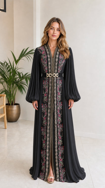 Black embroidered kaftan maxi dress with pleated long sleeves