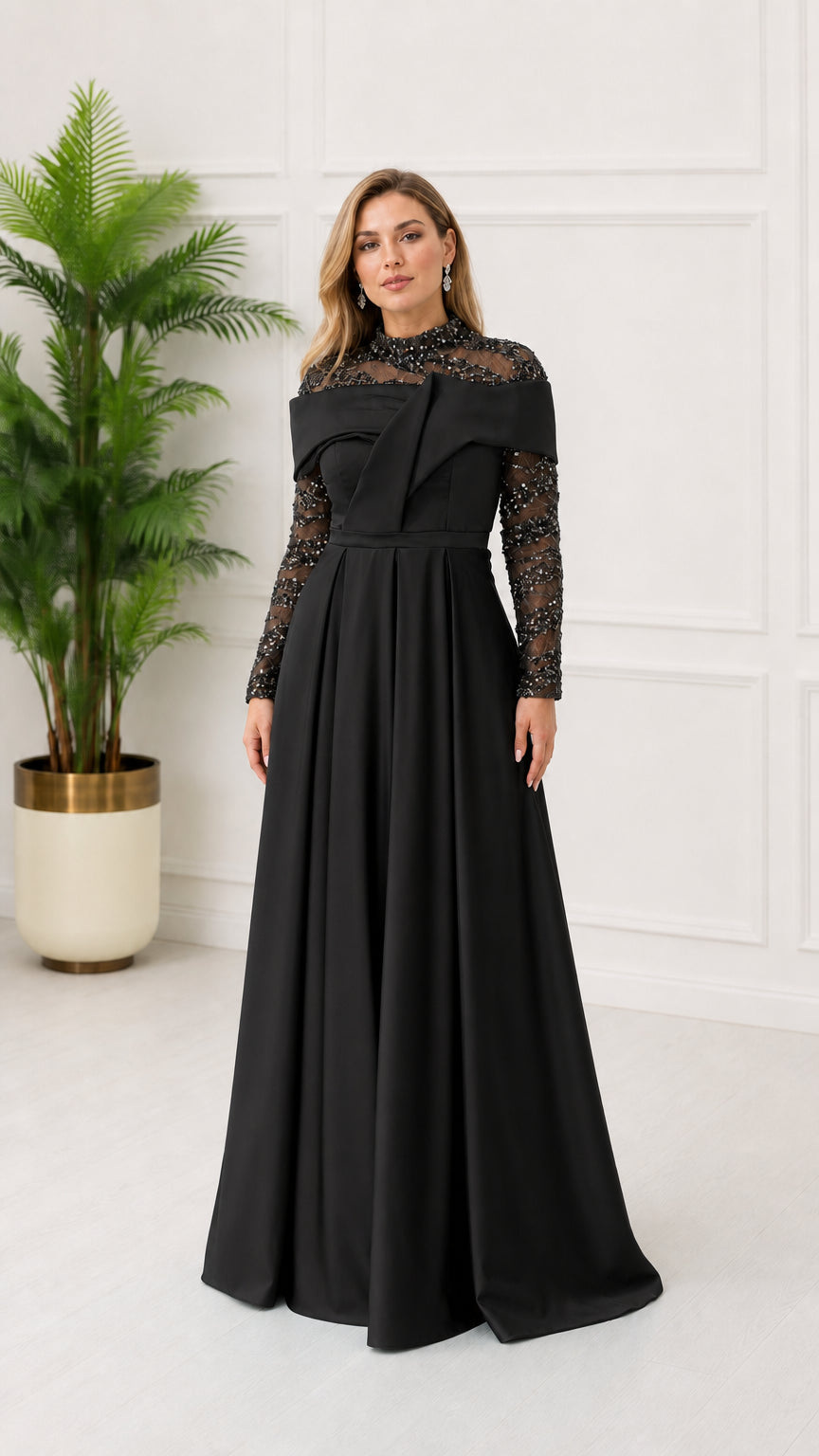 Front view of black long sleeve evening dress