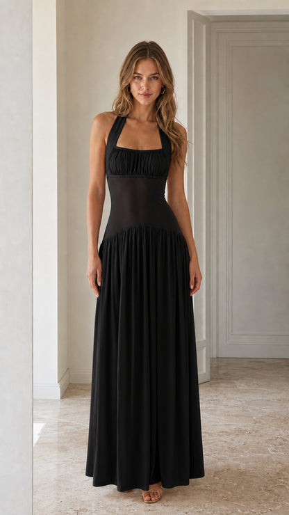 Front view of Black halter neck maxi dress