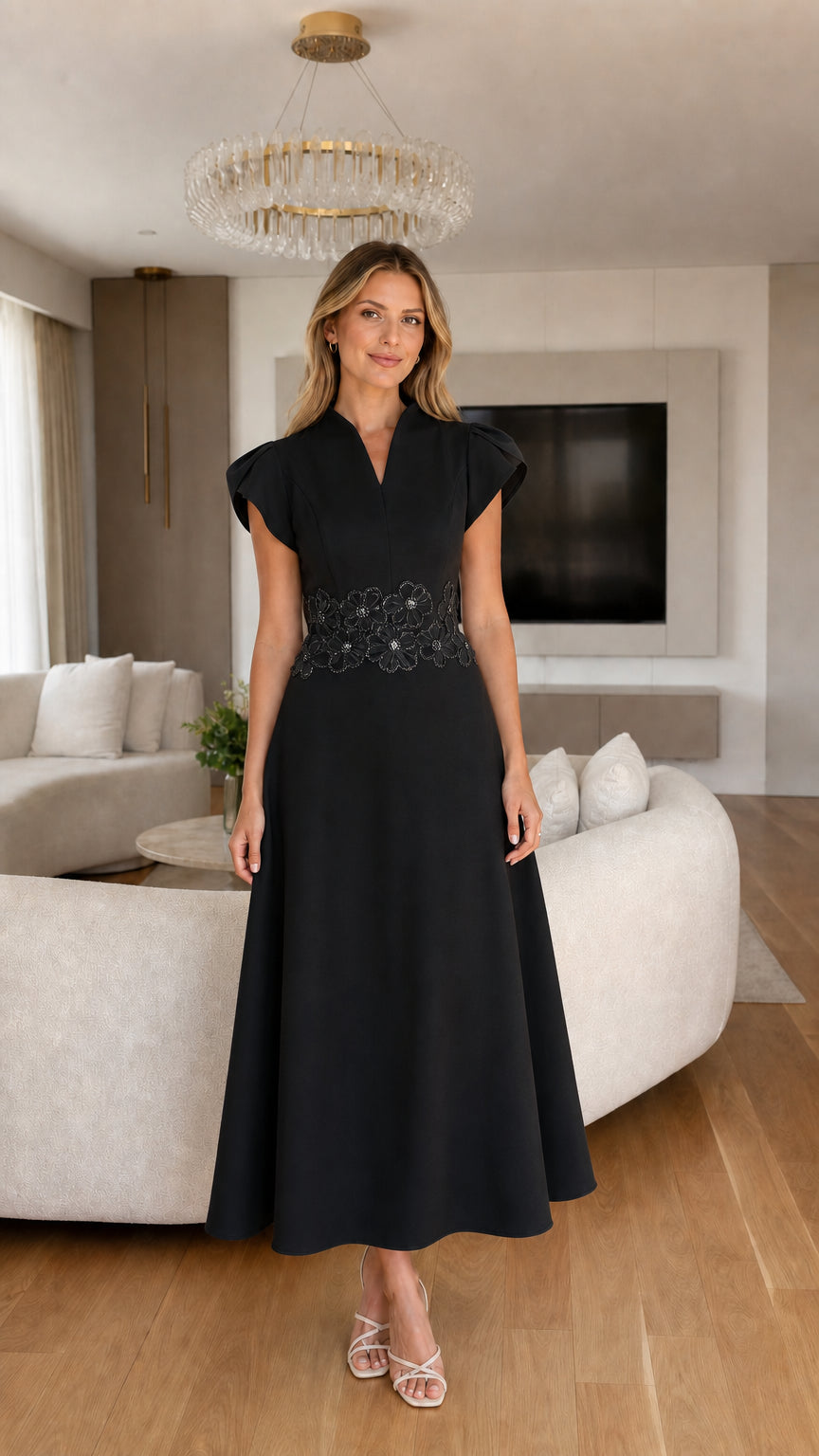 Front view of black elegant midi dress
