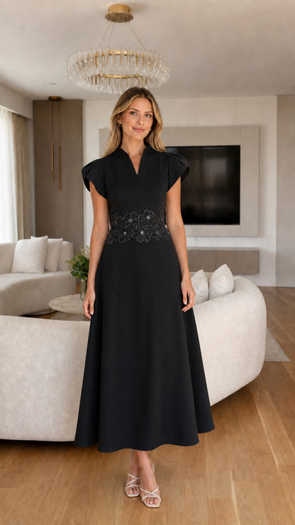 Front view of black elegant midi dress