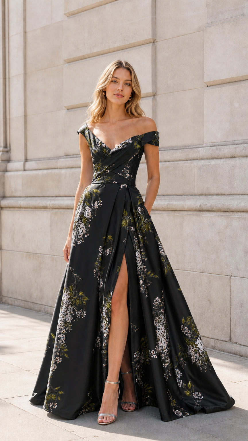 Front view of Black off-shoulder floral satin evening gown