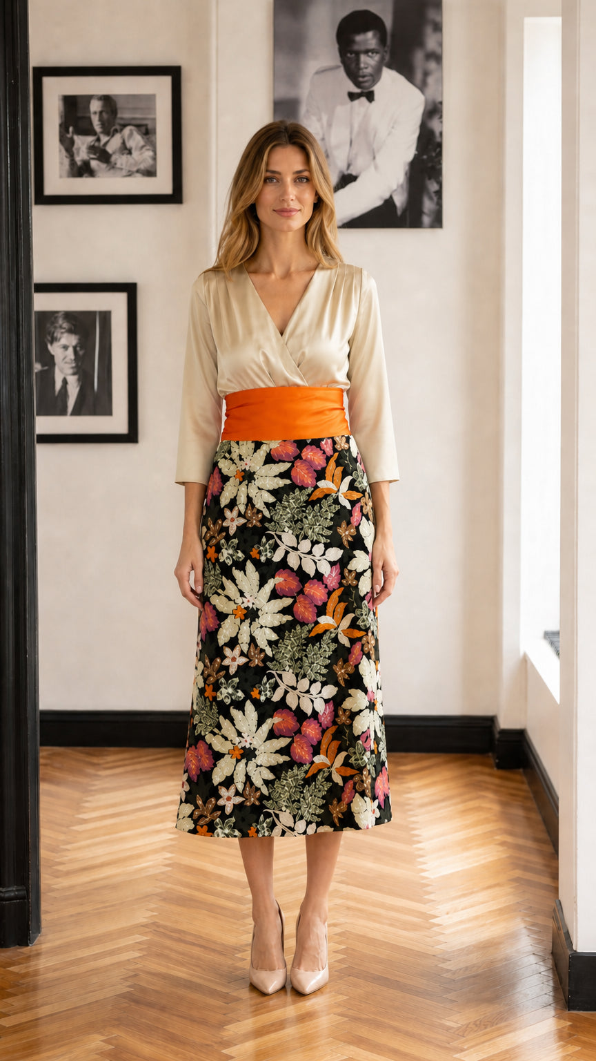 Front view of model wearing black floral variation