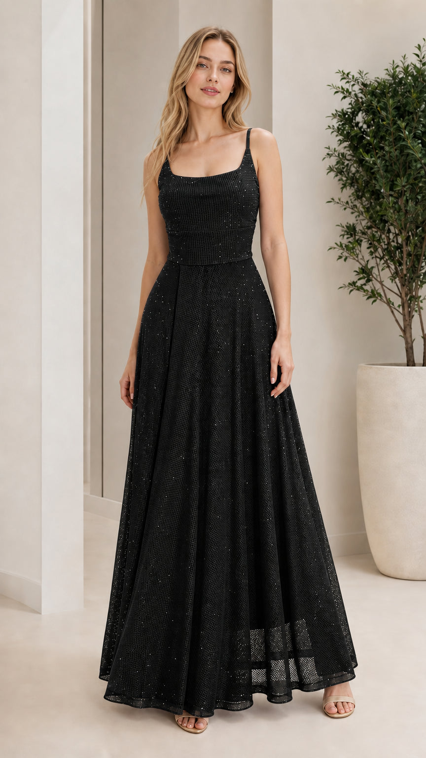 Model wearing black sparkle formal evening dress
