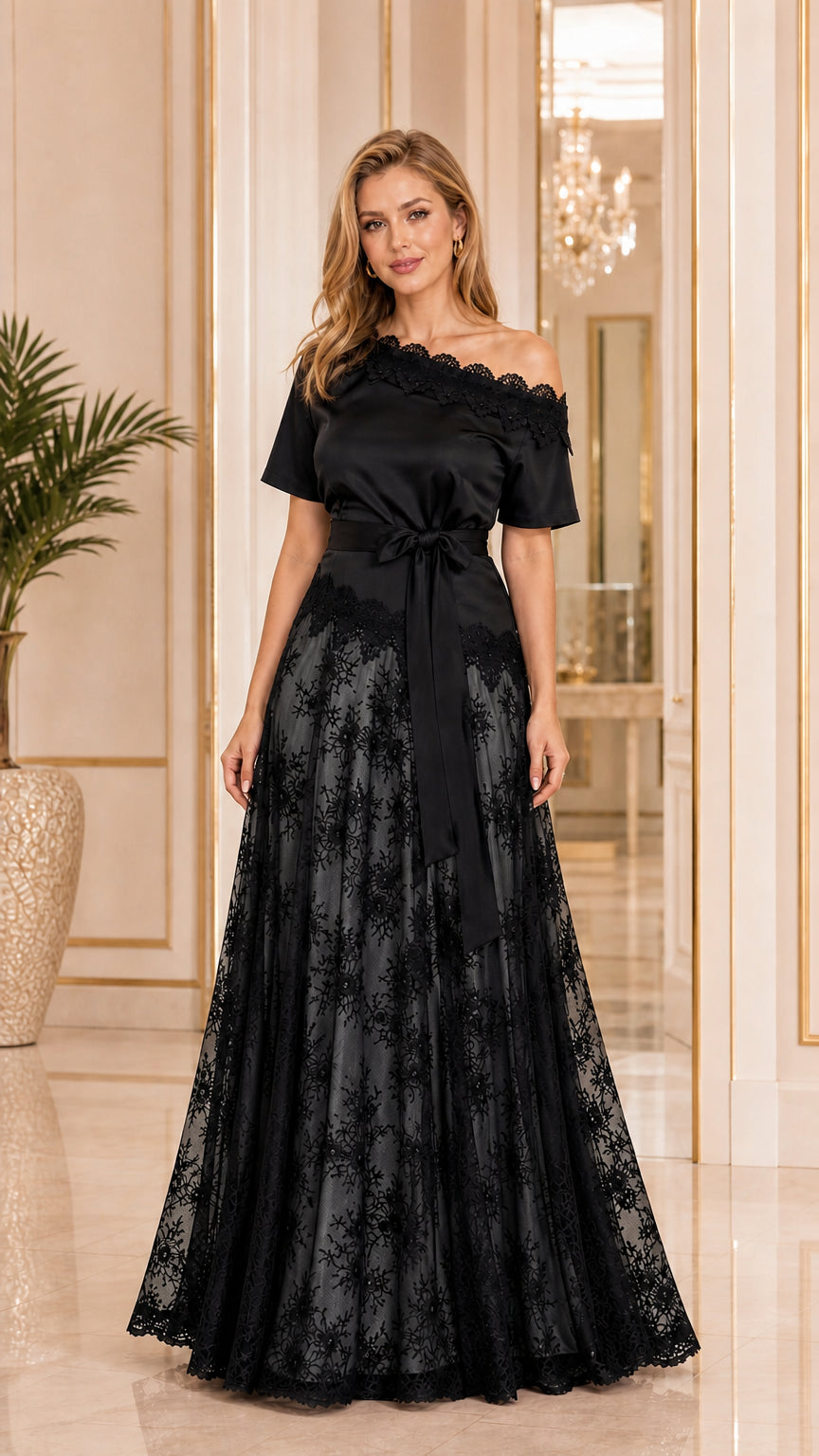 Black off the shoulder satin and lace formal evening maxi gown