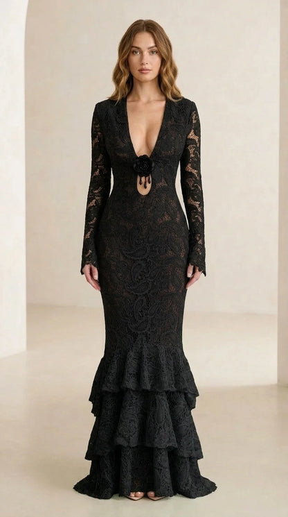 Front view of model wearing black floral lace long-sleeve maxi dress