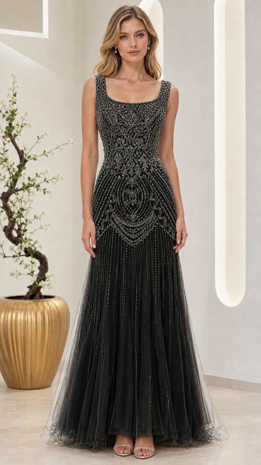 Full-length front view of black beaded formal evening maxi dress