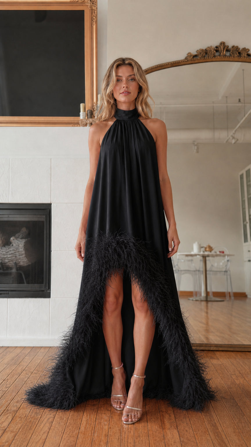 Front view of model wearing black feather hem high neck maxi dress
