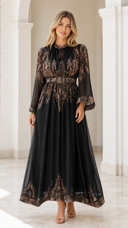 Front view of black paisley maxi dress