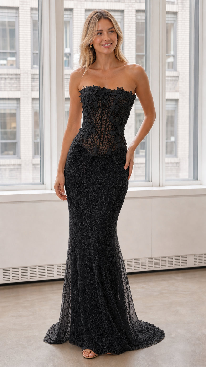 Front view of black strapless 3D floral lace mermaid evening dress
