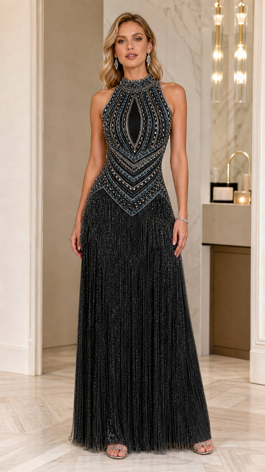 Black beaded halter evening gown with full-length fringe skirt