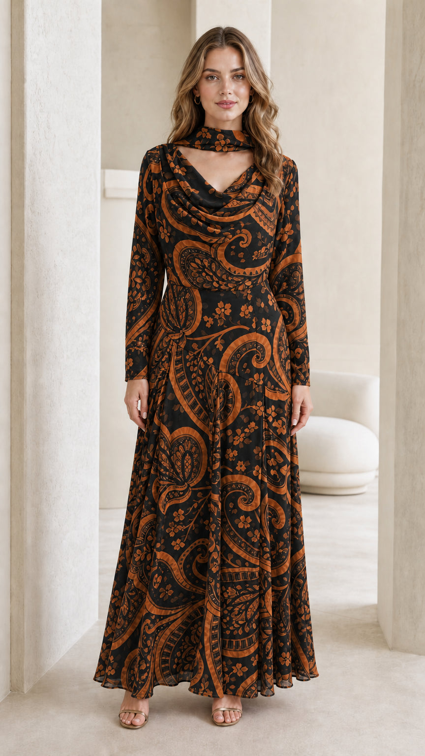 Model wearing black and brown paisley long-sleeve maxi dress