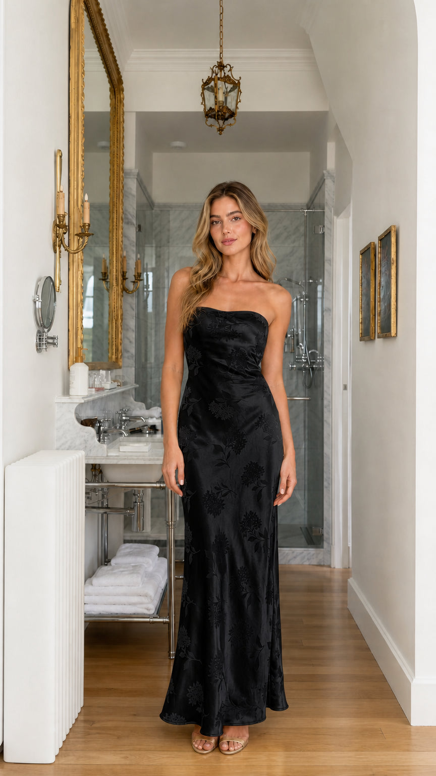 Front view of black floral jacquard strapless maxi dress