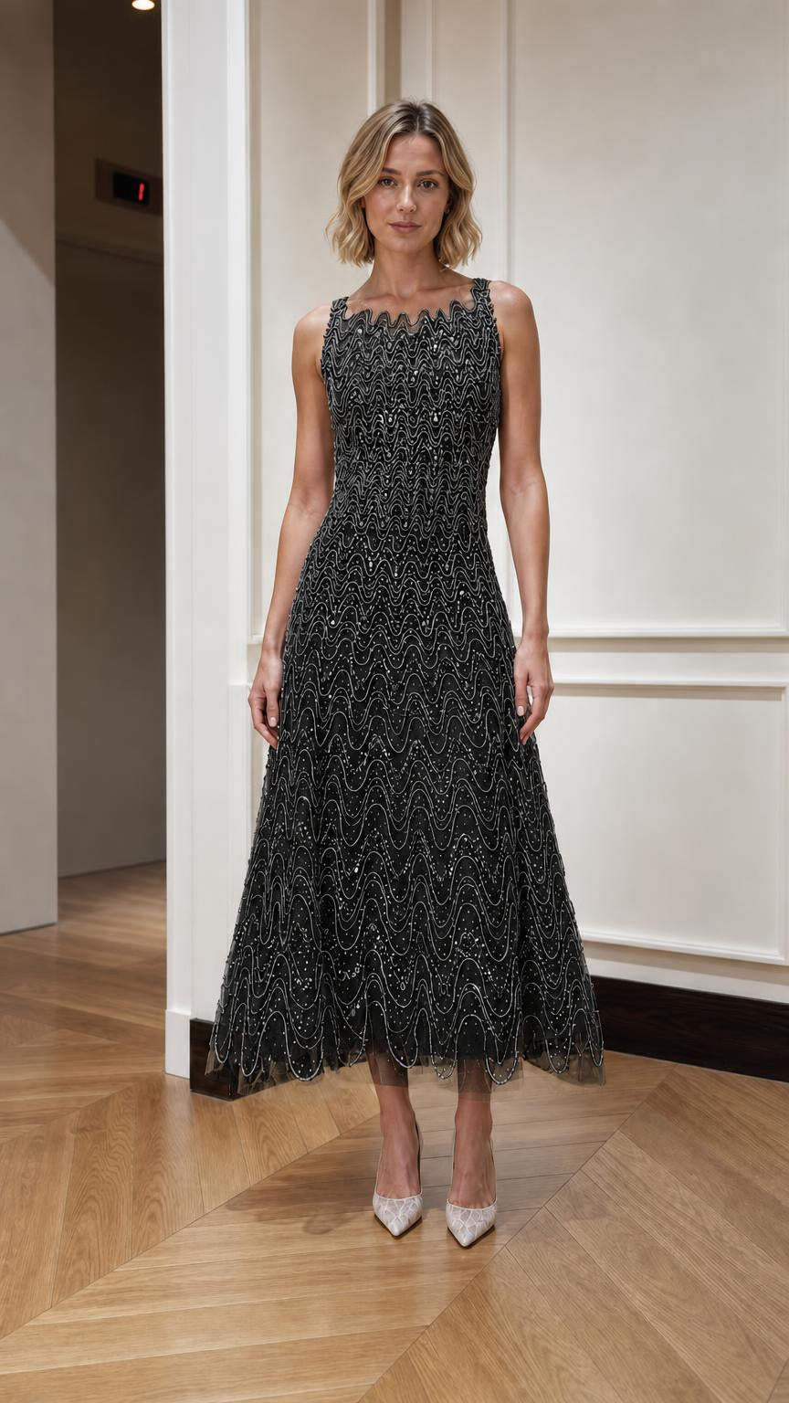 Black embellished sleeveless A-line midi dress shown from the front