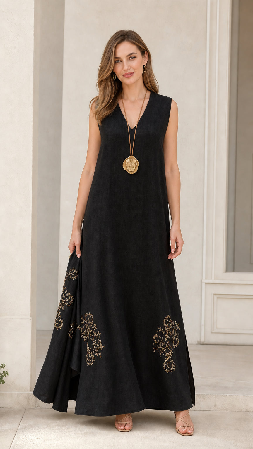 Front view of model wearing black sleeveless maxi dress