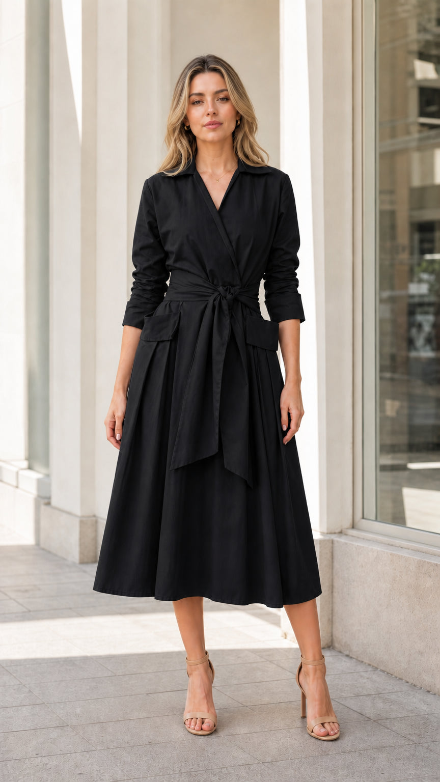 Front view of woman wearing black lapel midi trench dress