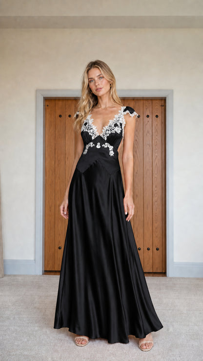 Full view of black satin lace-trim maxi dress variant