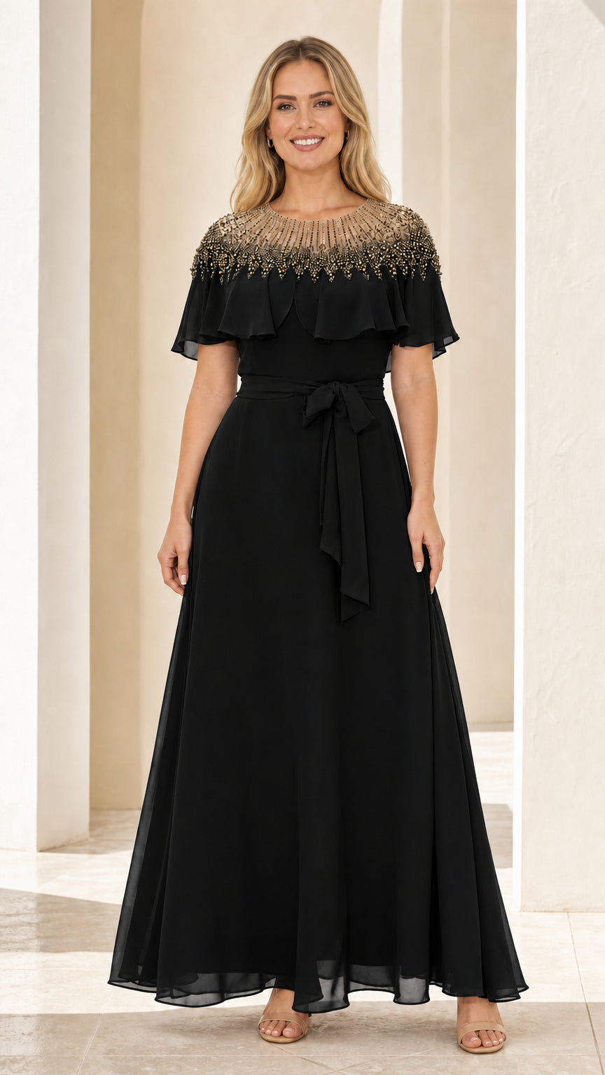 Front view of black evening maxi dress